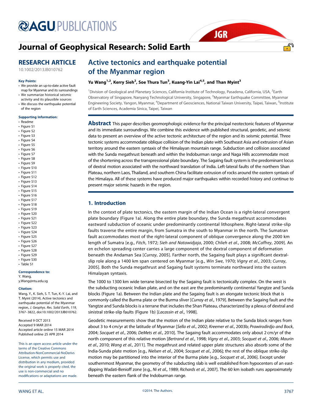 Active Tectonics and Earthquake Potential of the Myanmar Region