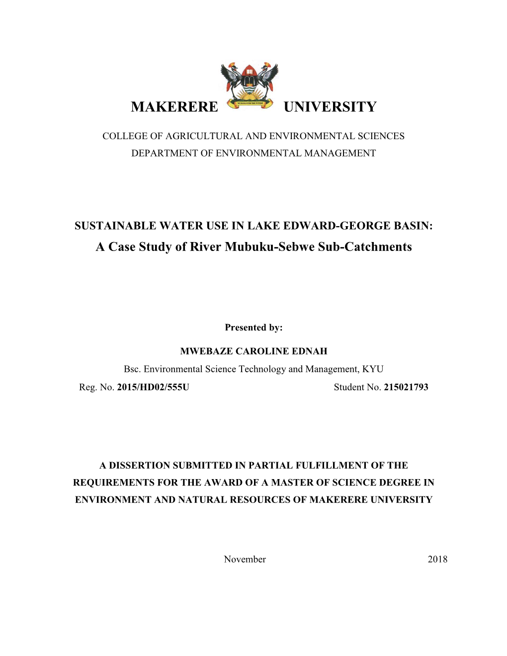 A Case Study of River Mubuku-Sebwe Sub-Catchments
