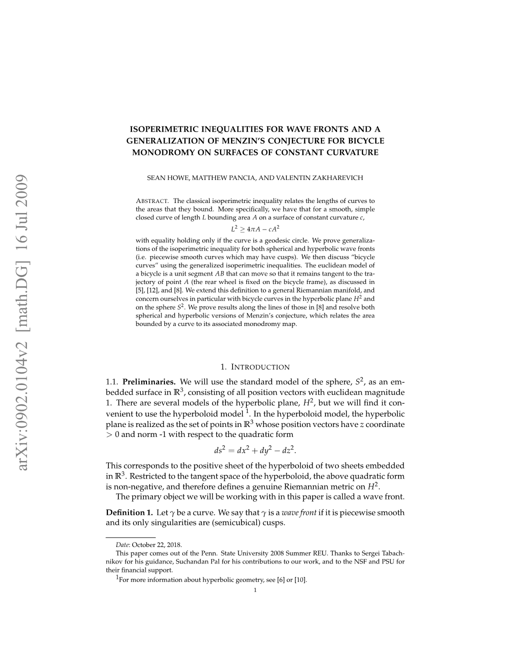 Isoperimetric Inequalities for Wave Fronts and a Generalization of Menzin’S Conjecture for Bicycle Monodromy on Surfaces of Constant Curvature