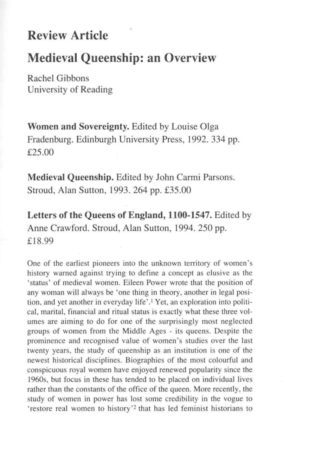 Review Article Medieval Queenship: an Overview