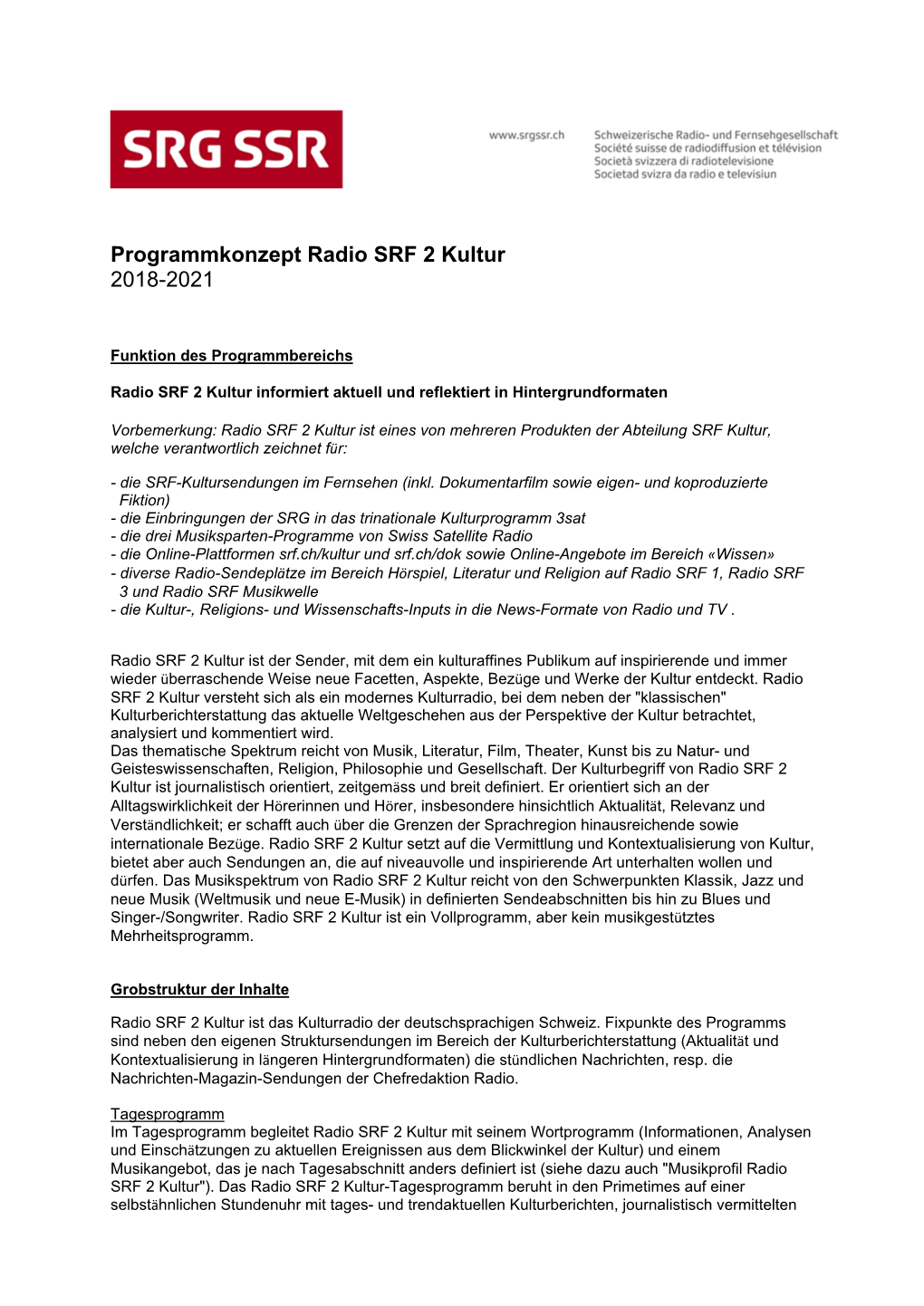 Programmkonzept Radio SRF 2 Kultur 2018-2021