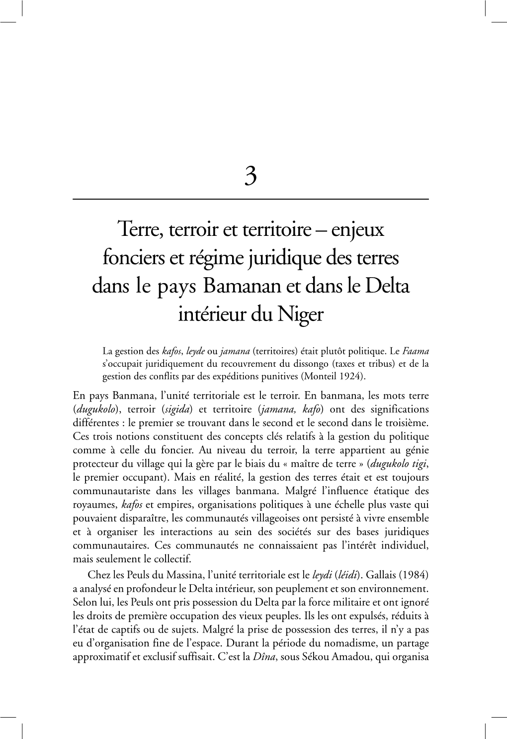 Terre, Terroir Et Territoire – Enjeux Fonciers Et Régime Juridique Des Terres Dans Le Pays Bamanan Et Dans Le Delta Intérieur Du Niger