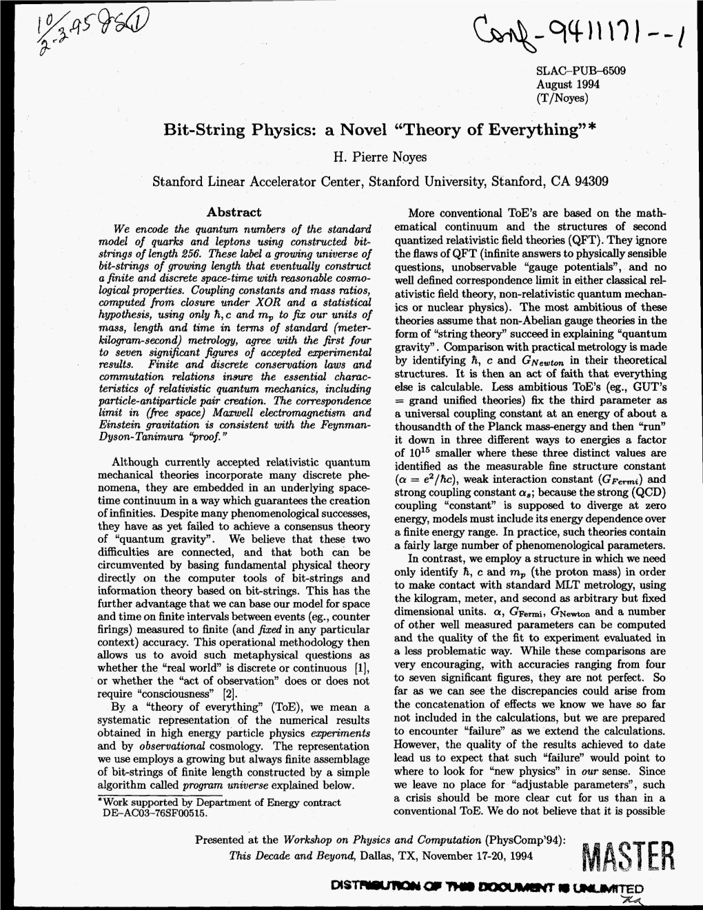 Bit-String Physics: a Novel “Theory of Everything”'