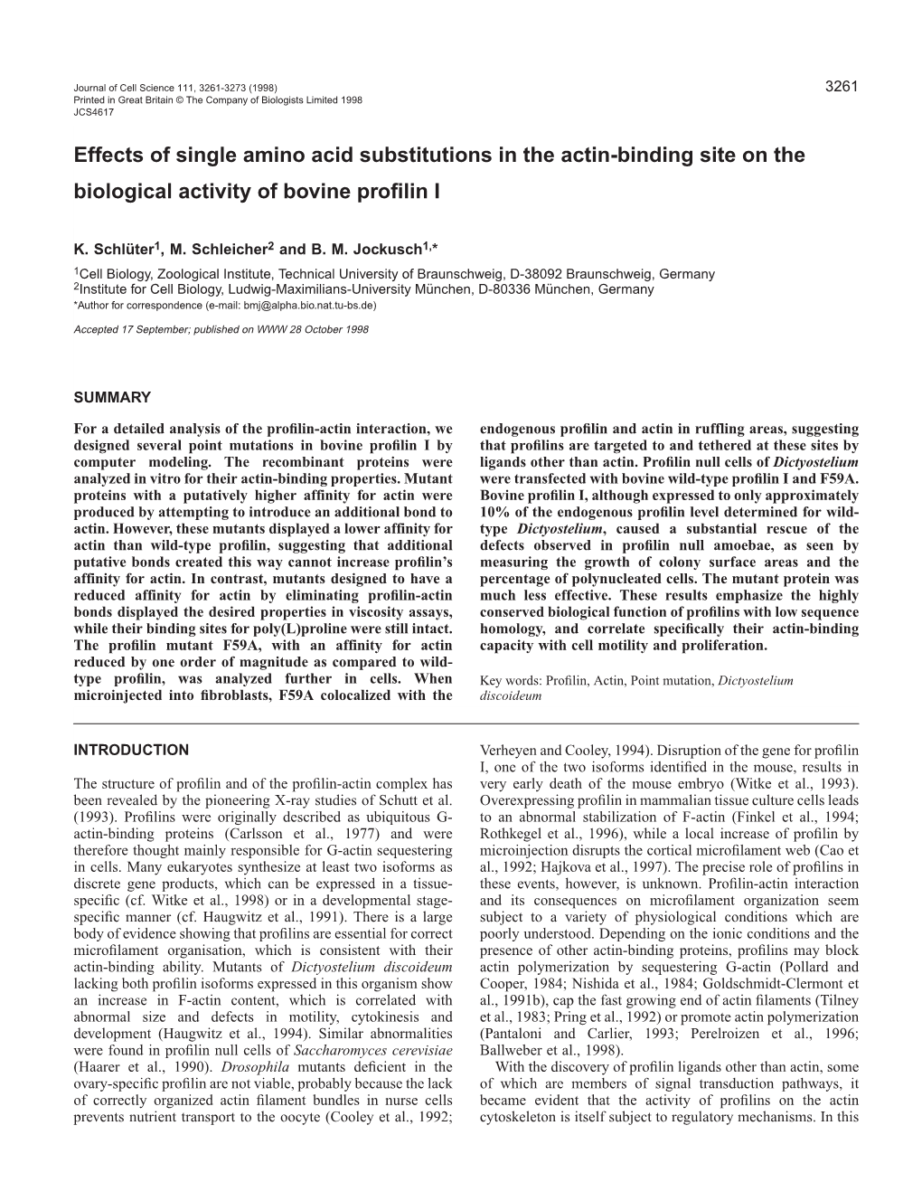 Effects of Single Amino Acid Substitutions in the Actin-Binding Site on the Biological Activity of Bovine Proﬁlin I