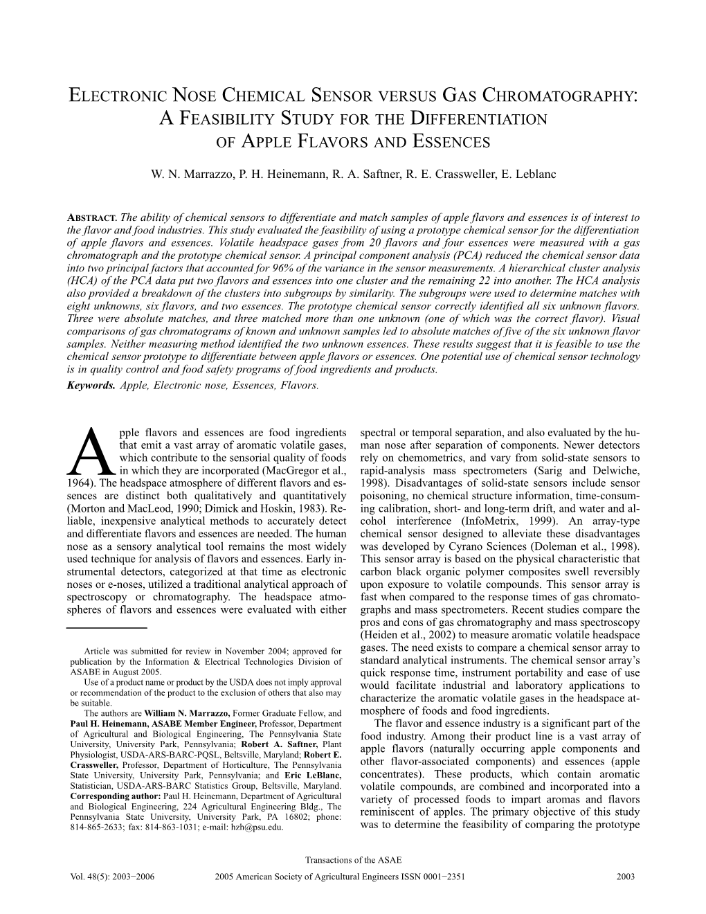 Electronic Nose Chemical Sensor Versus Gas Chromatography: a Feasibility Study for the Differentiation of Apple Flavors and Essences