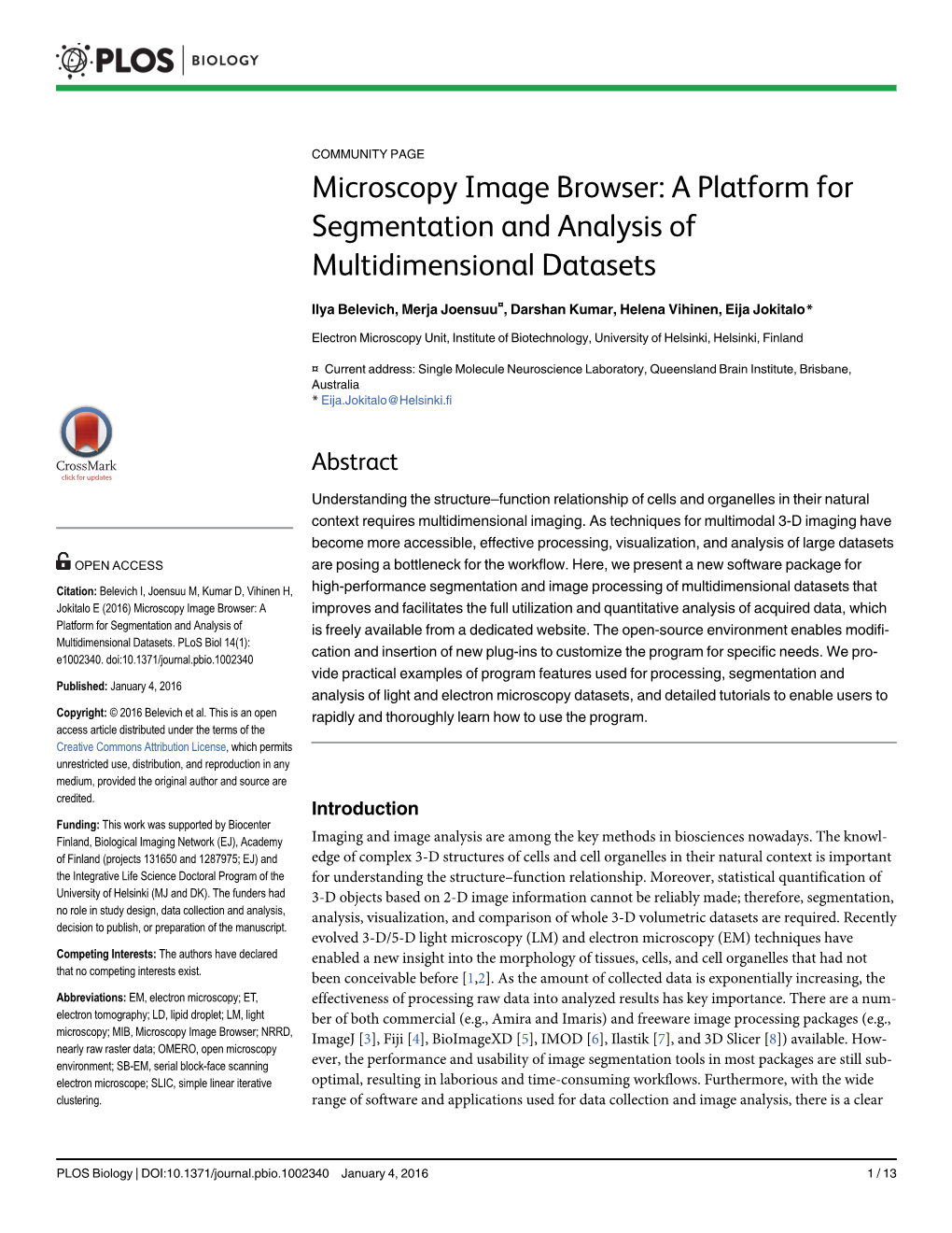 Microscopy Image Browser: a Platform for Segmentation and Analysis of Multidimensional Datasets