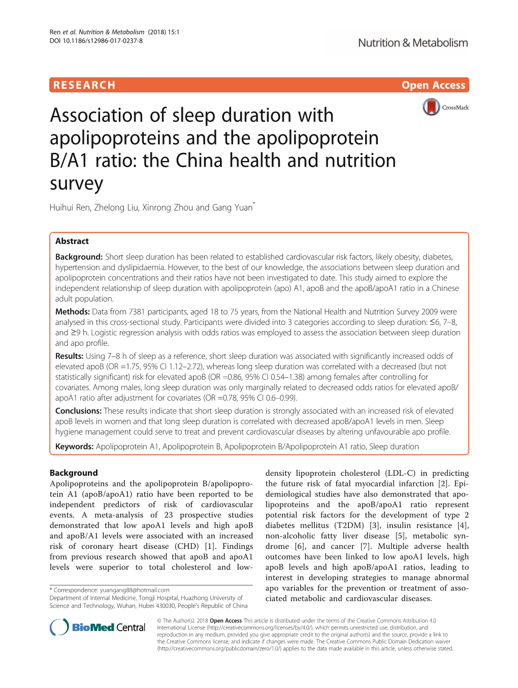 Association of Sleep Duration with Apolipoproteins and the Apolipoprotein B/A1 Ratio: the China Health and Nutrition Survey