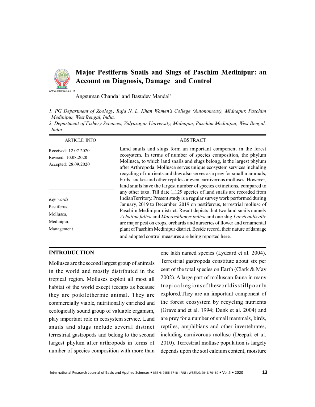 Major Pestiferus Snails and Slugs of Paschim Medinipur: an Account on Diagnosis, Damage and Control Angsuman Chanda1 and Basudev Mandal2