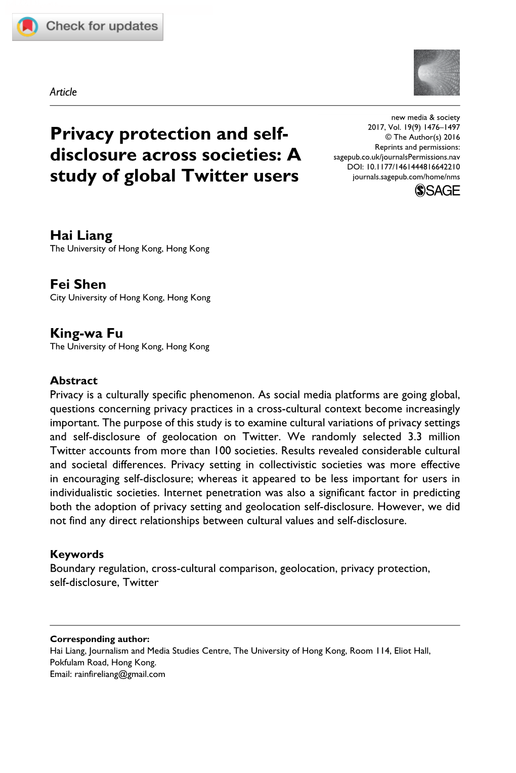 Privacy Protection and Self-Disclosure Across Societies: a Study of Global