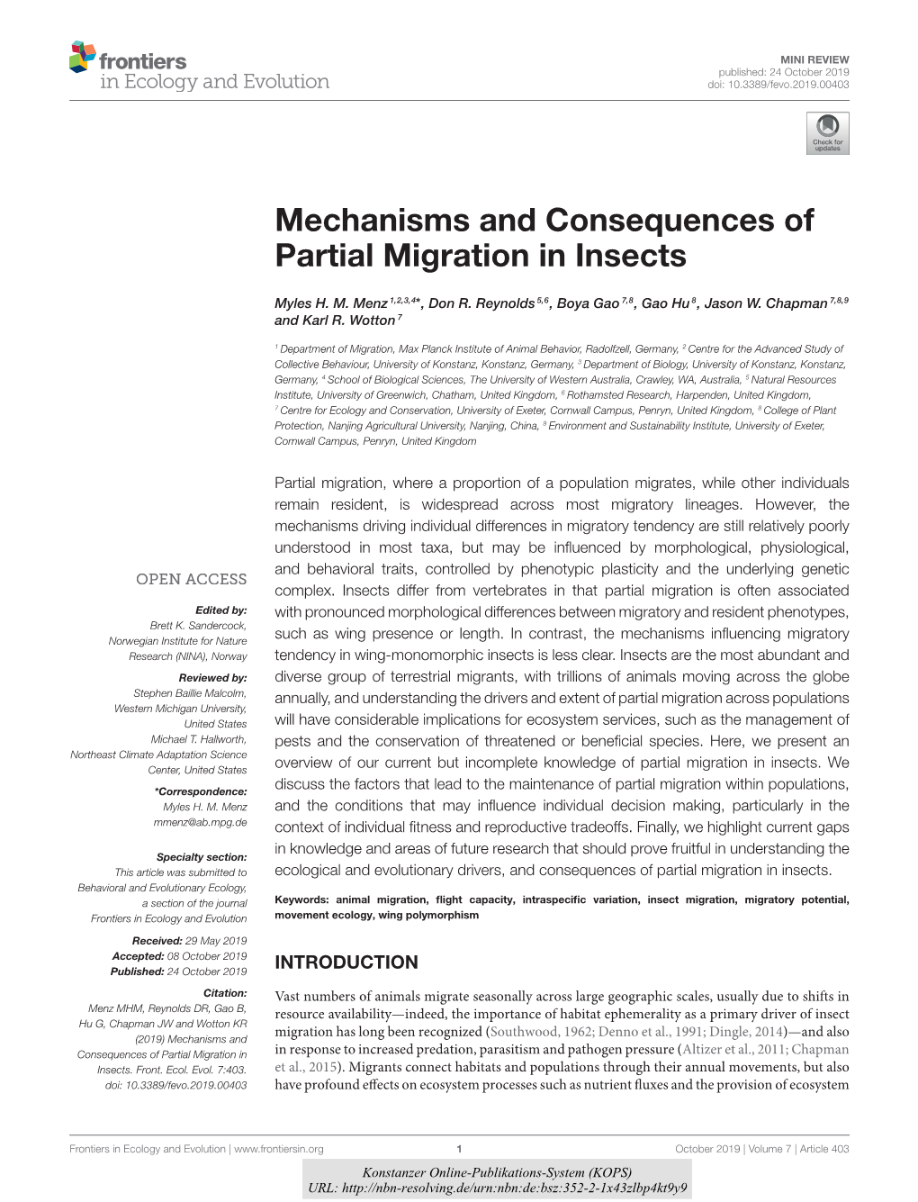 Mechanisms and Consequences of Partial Migration in Insects