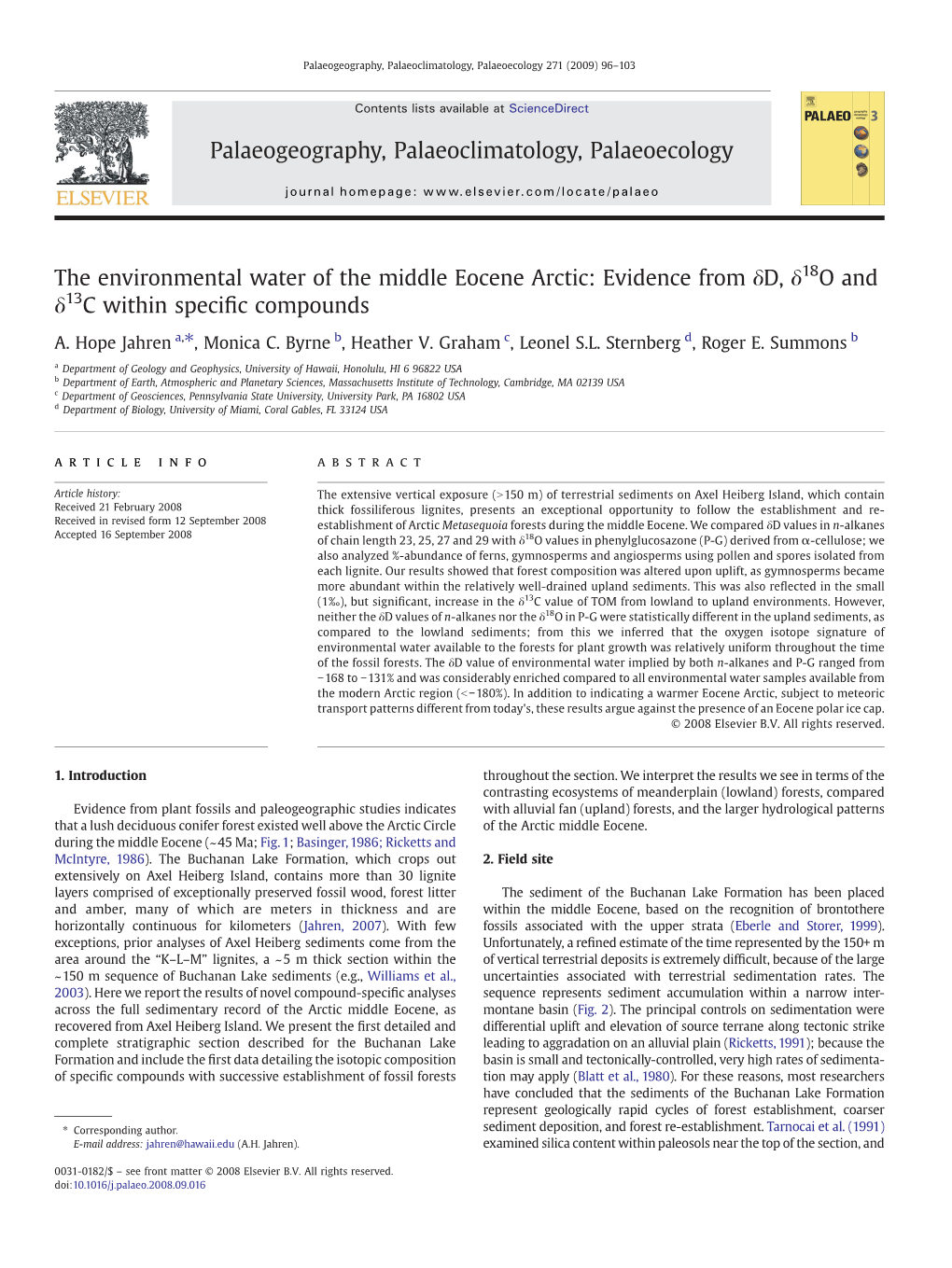 The Environmental Water of the Middle Eocene Arctic: Evidence from Δd, Δ18o and Δ13c Within Speciﬁc Compounds