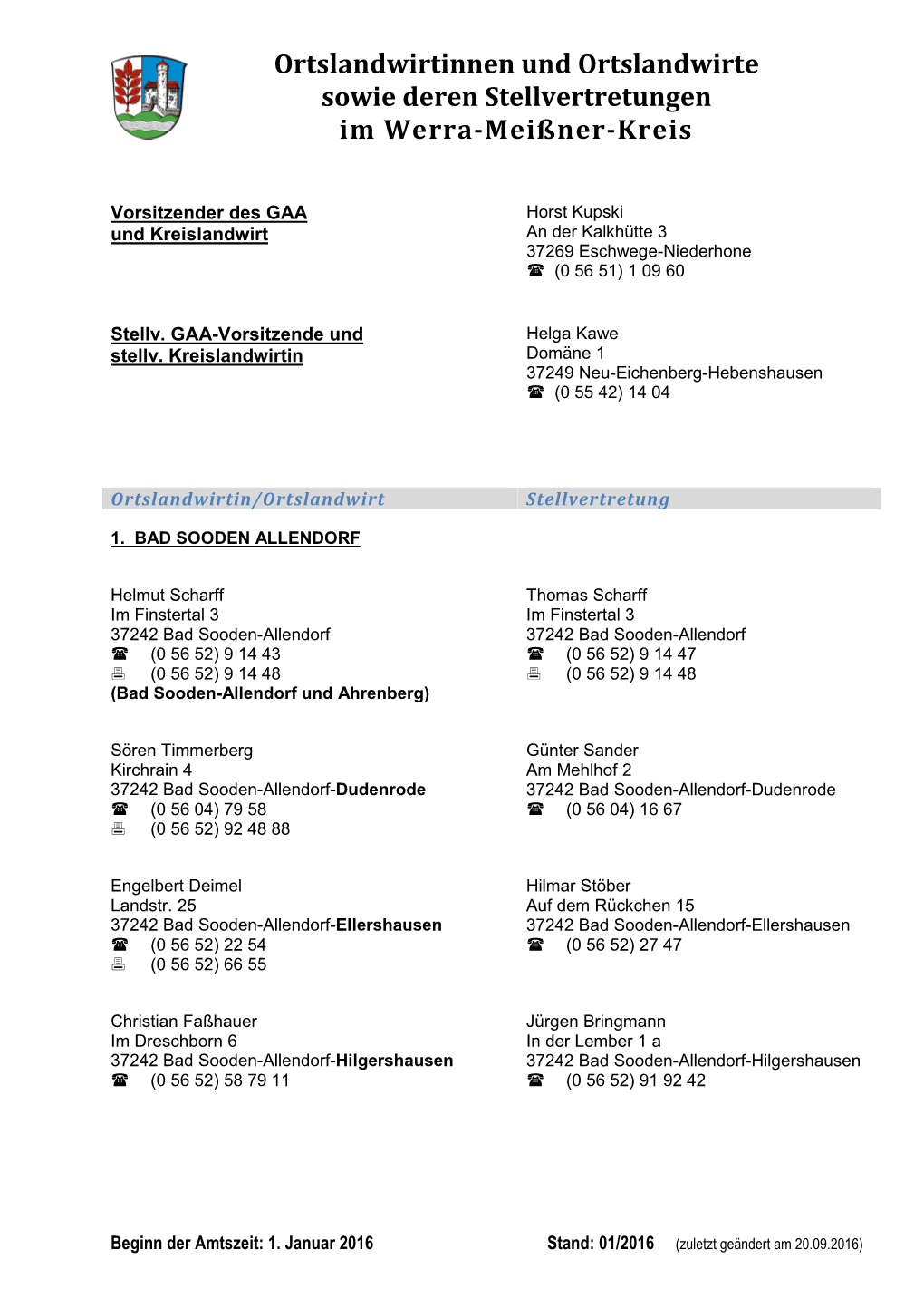 Ortslandwirtinnen Und Ortslandwirte Sowie Deren Stellvertretungen Im Werra-Meißner-Kreis