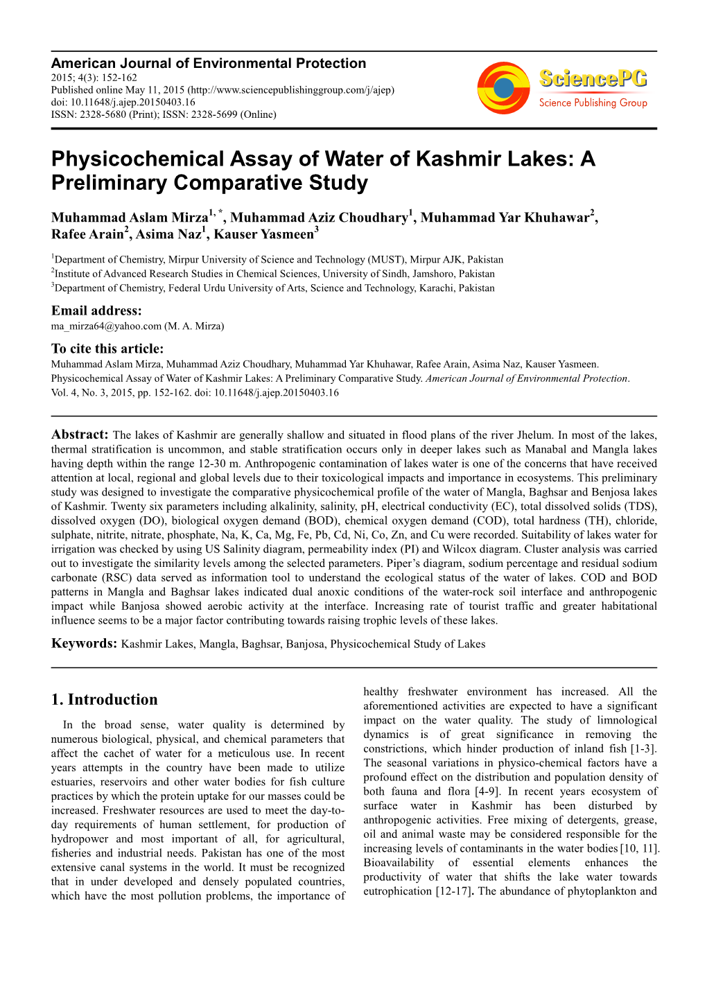 Physicochemical Assay of Water of Kashmir Lakes: a Preliminary Comparative Study