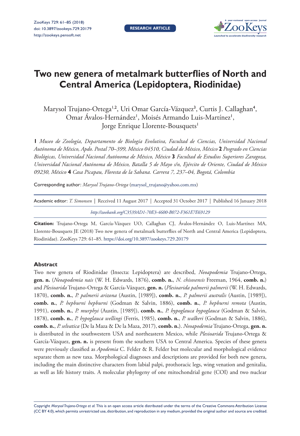 Two New Genera of Metalmark Butterflies of North and Central America (Lepidoptera, Riodinidae)