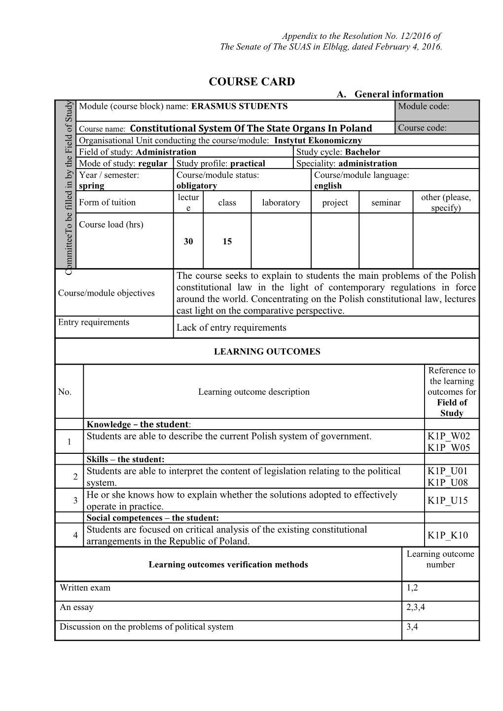 Appendix to the Resolution No. 12/2016 Of