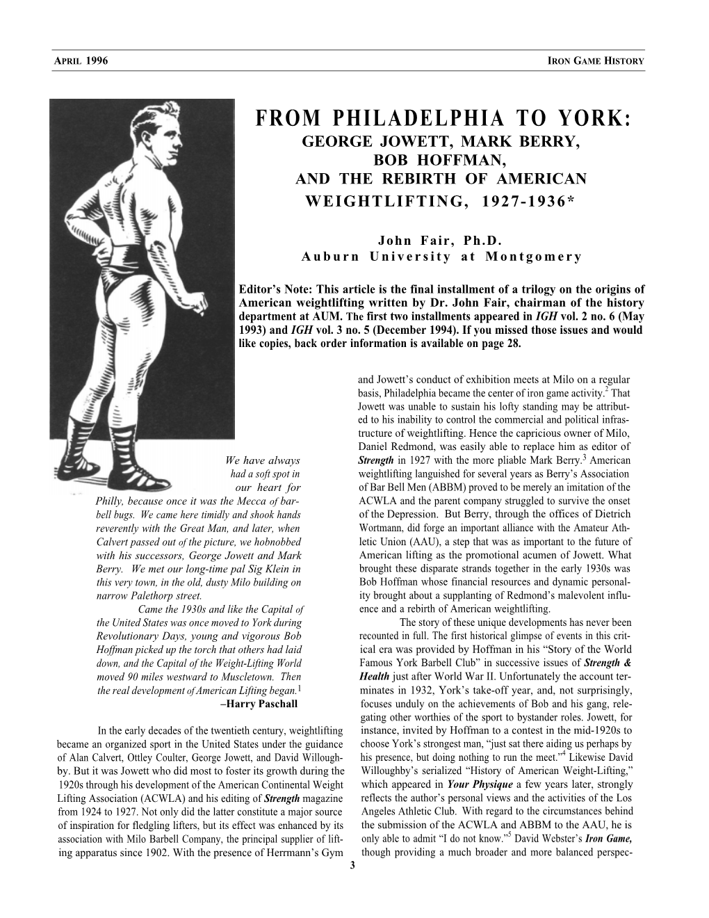 From Philadelphia to York: George Jowett, Mark Berry, Bob Hoffman, and the Rebirth of American Weightlifting, 1927-1936*