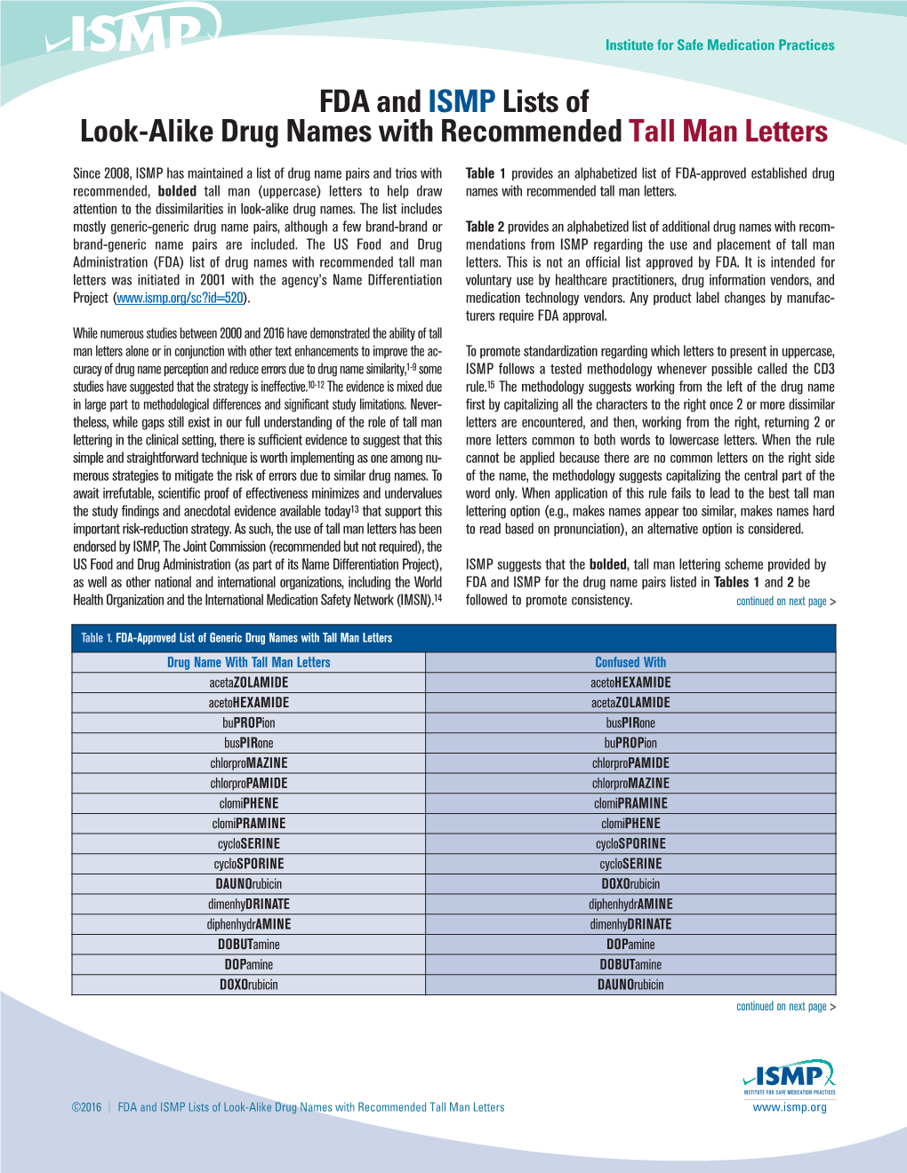 FDA and ISMP Lists of Look-Alike Drug Names with Recommended Tall Man Letters