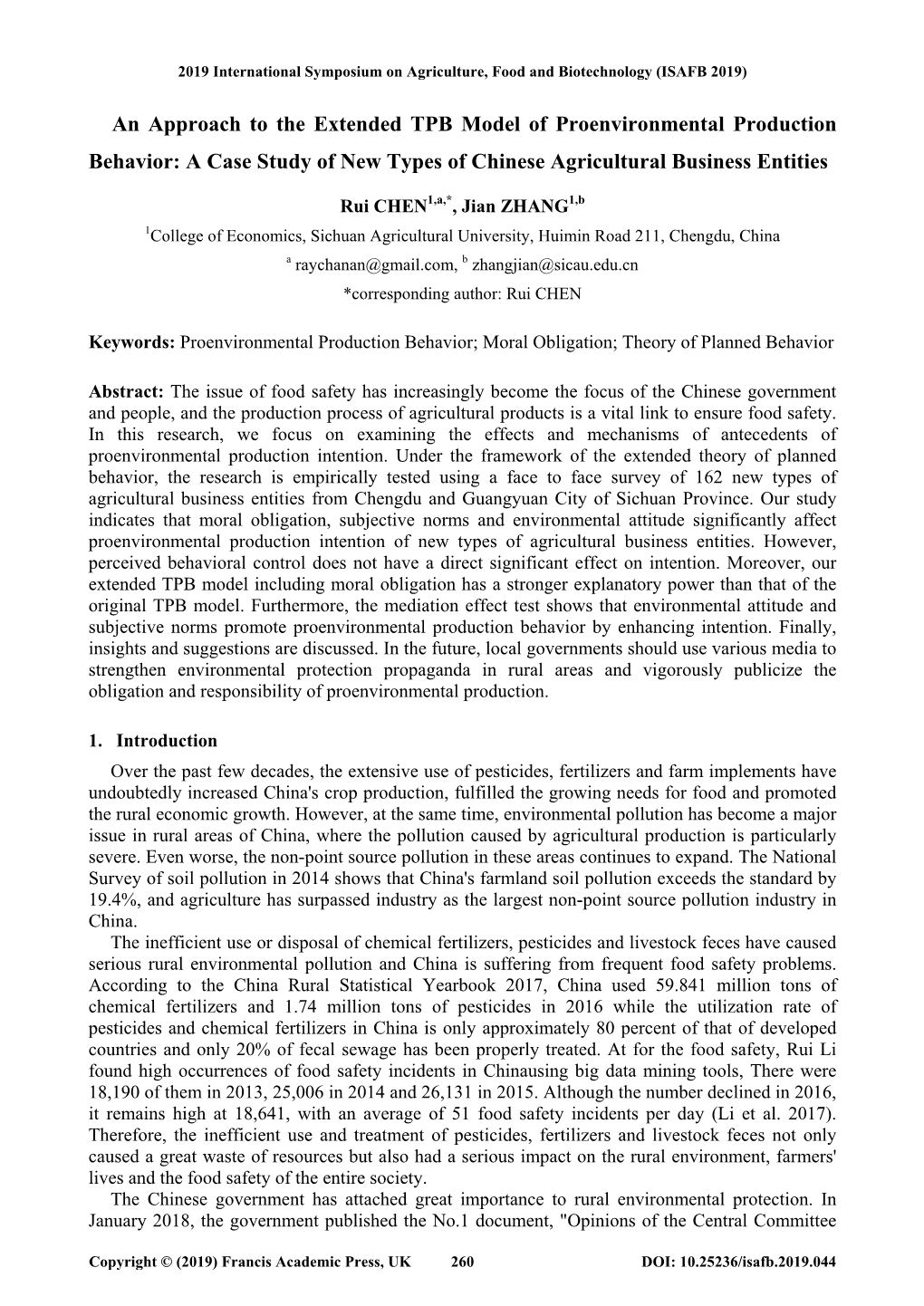 An Approach to the Extended TPB Model of Proenvironmental Production Behavior: a Case Study of New Types of Chinese Agricultural Business Entities