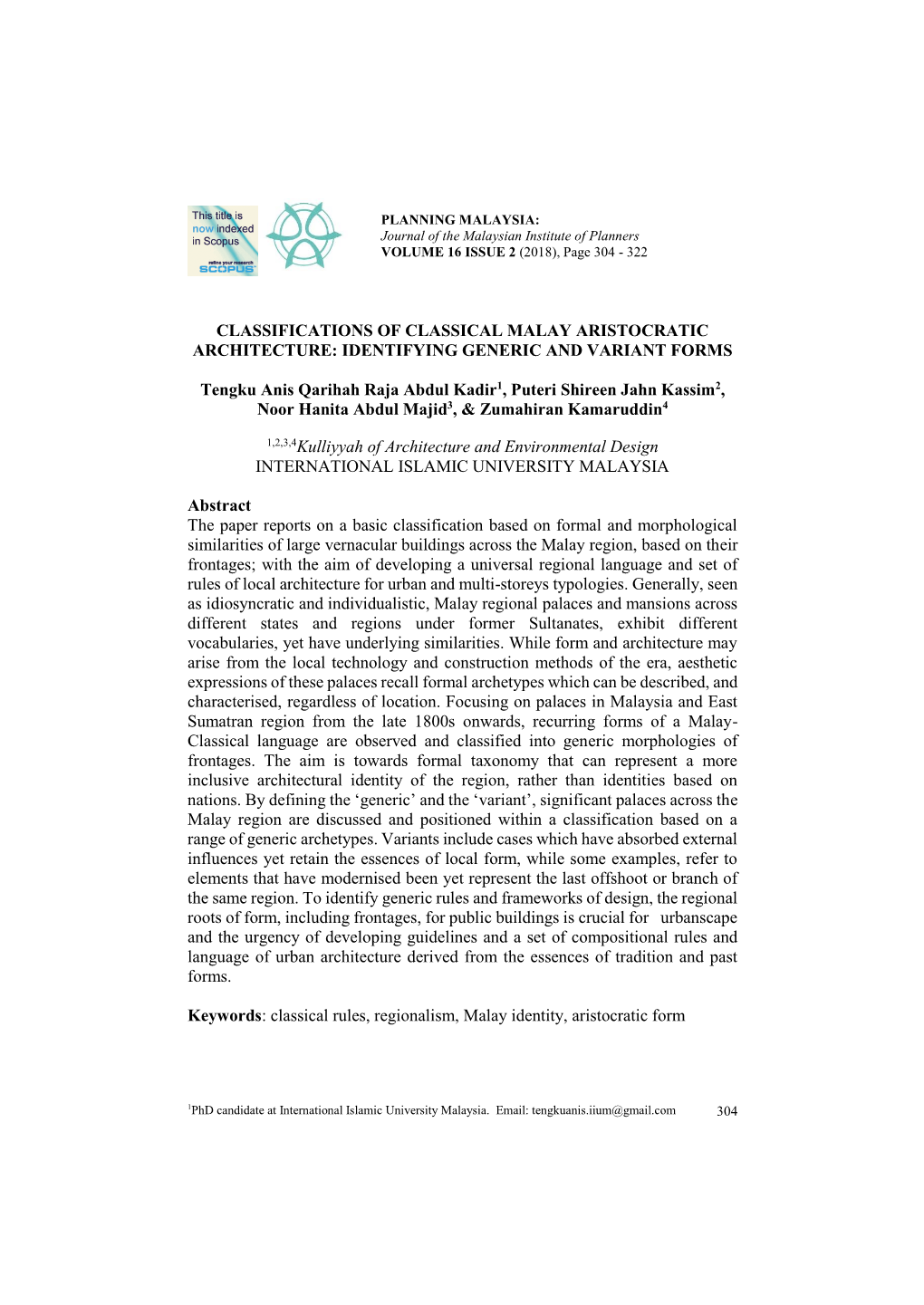 Classifications of Classical Malay Aristocratic Architecture: Identifying Generic and Variant Forms