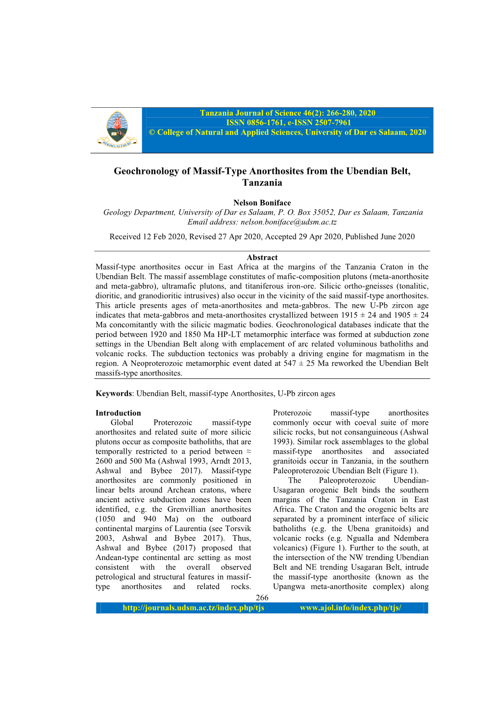 Geochronology of Massif-Type Anorthosites from the Ubendian Belt, Tanzania