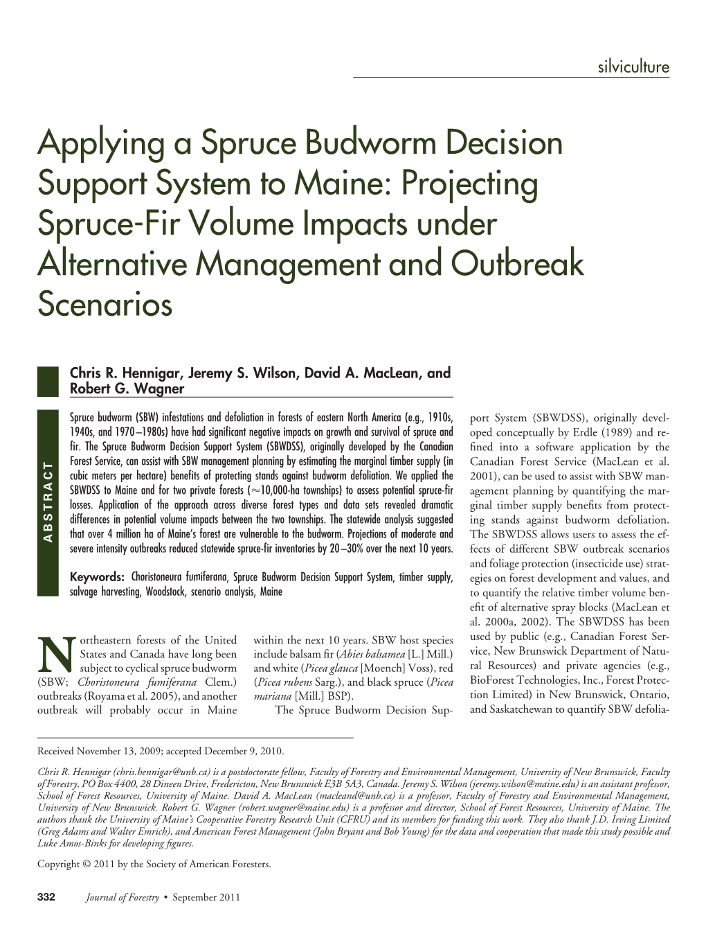 Spruce Budworm Decision Support System to Maine: Projecting Spruce-Fir Volume Impacts Under Alternative Management and Outbreak Scenarios