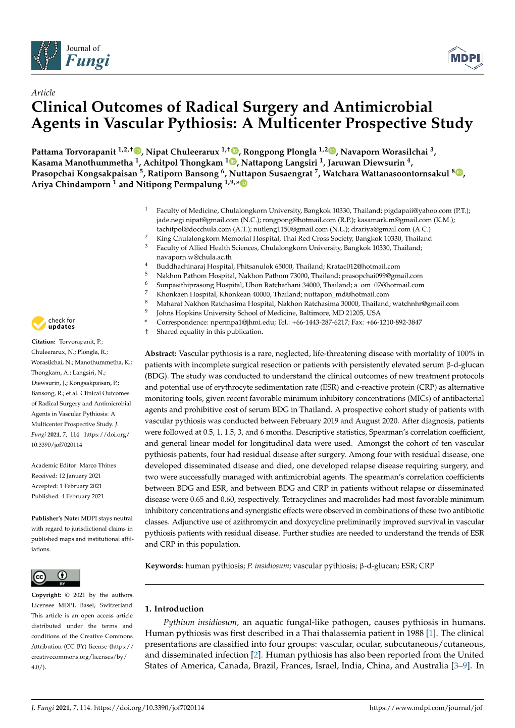 Clinical Outcomes of Radical Surgery and Antimicrobial Agents in Vascular Pythiosis: a Multicenter Prospective Study