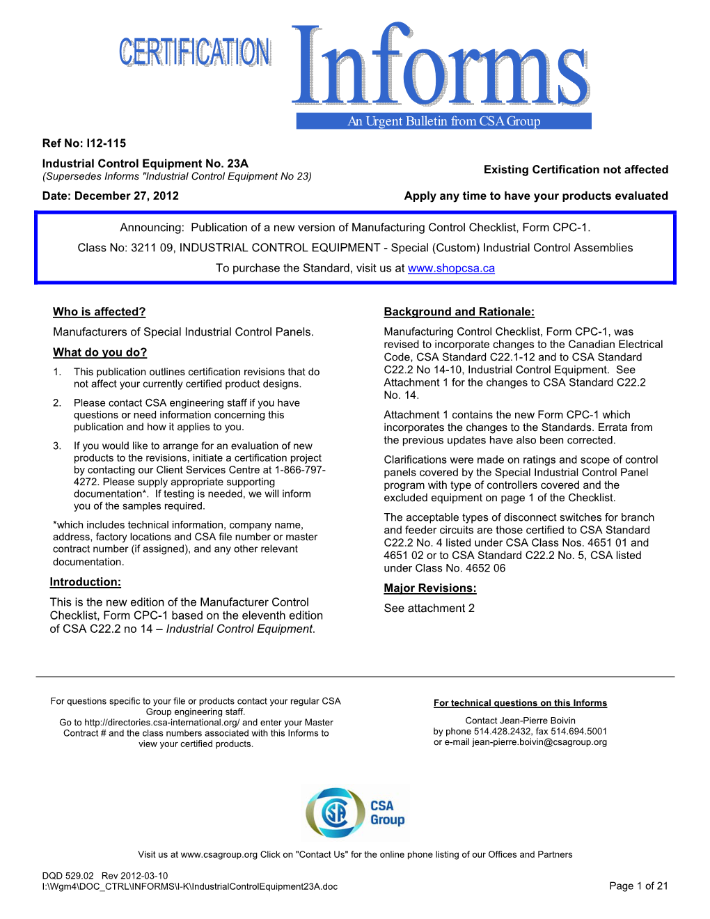 An Urgent Bulletin from CSA Group Ref No: I12-115 Industrial Control Equipment No