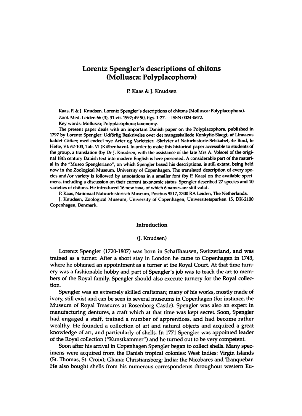 Lorentz Spengler's Descriptions of Chitons (Mollusca: Polyplacophora)