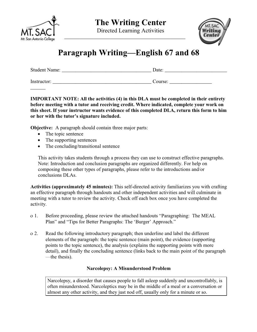 Paragraph Writing English 67 and 68