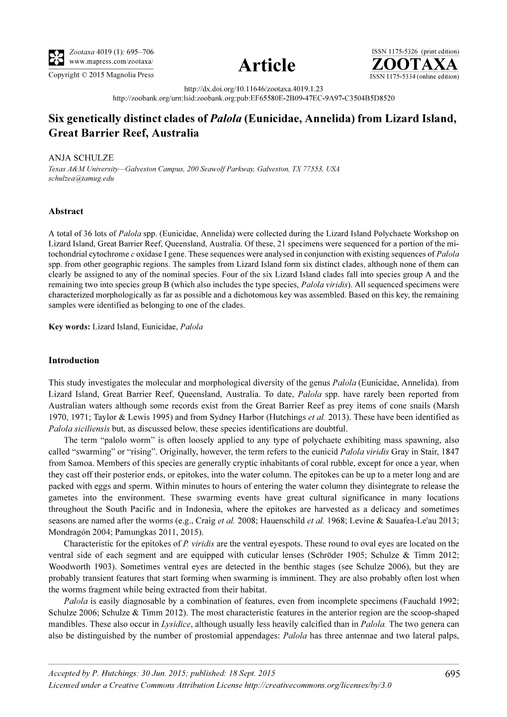 Six Genetically Distinct Clades of Palola (Eunicidae, Annelida) from Lizard Island, Great Barrier Reef, Australia