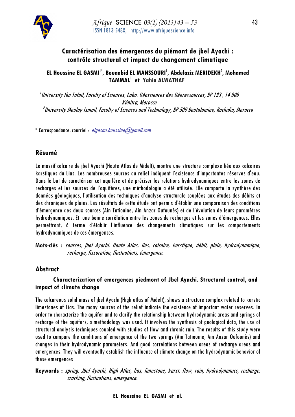 43 Caractérisation Des Émergences Du Piémont De Jbel Ayachi