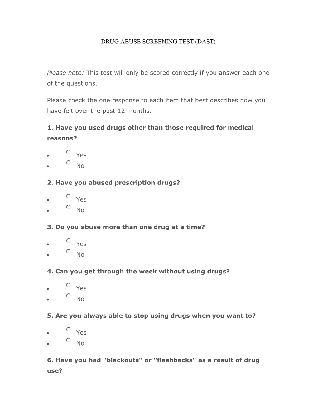 Drug Abuse Screening Test (Dast)