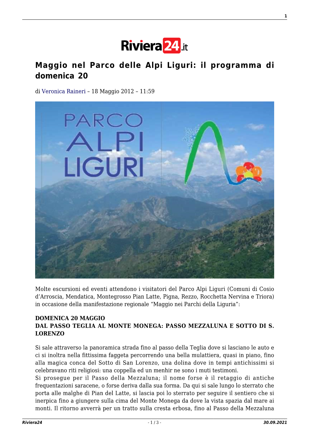 Maggio Nel Parco Delle Alpi Liguri: Il Programma Di Domenica 20