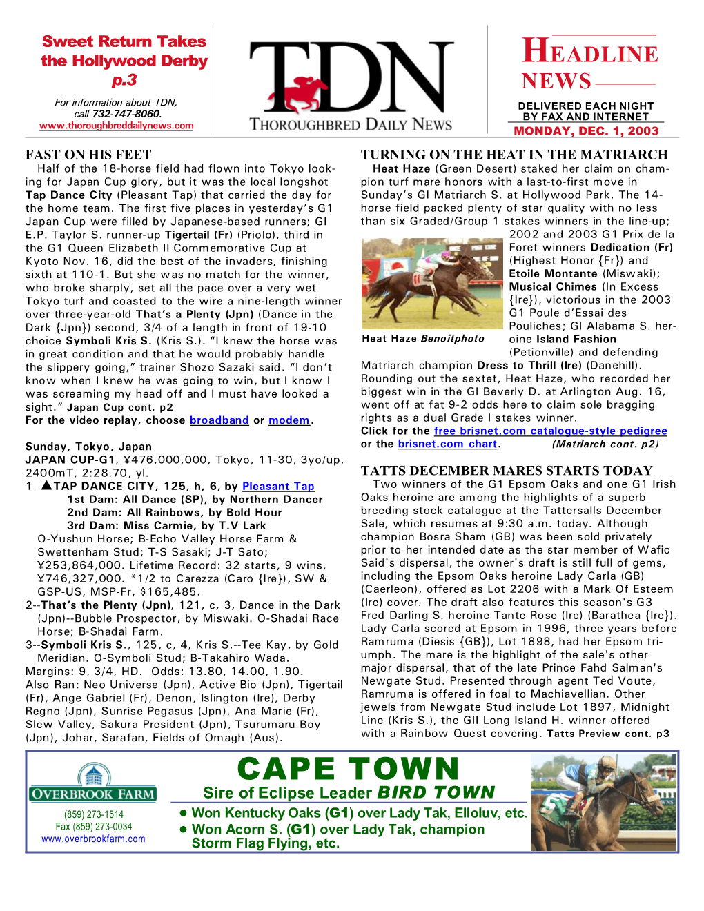 CAPE TOWN Sire of Eclipse Leader BIRD TOWN (859) 273-1514 ! Won Kentucky Oaks (G1) Over Lady Tak, Elloluv, Etc