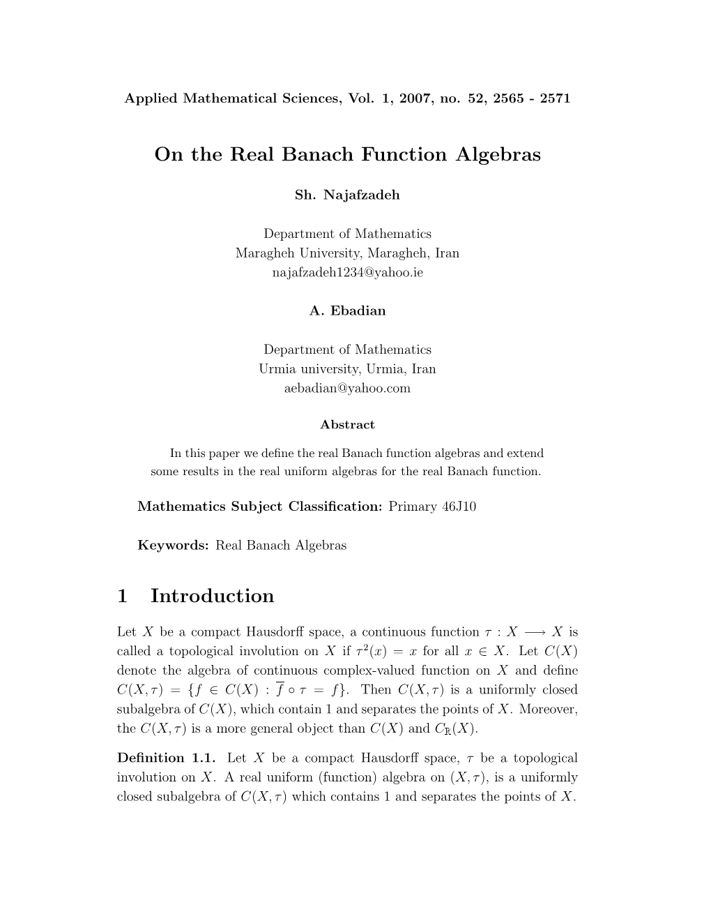 On the Real Banach Function Algebras 1 Introduction