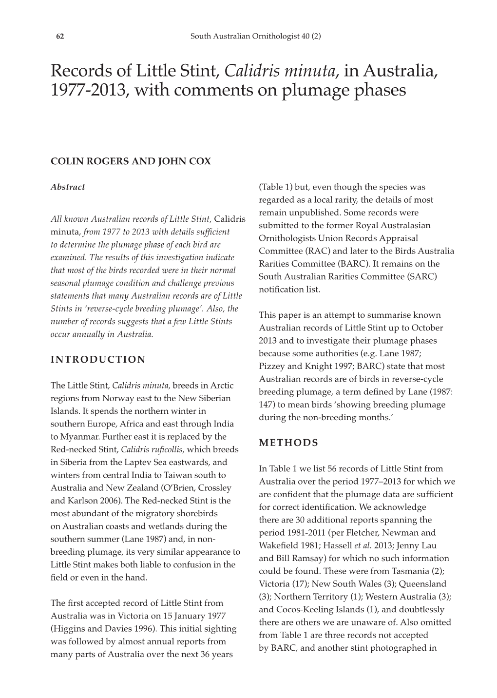 Records of Little Stint, Calidris Minuta, in Australia, 1977-2013, with Comments on Plumage Phases