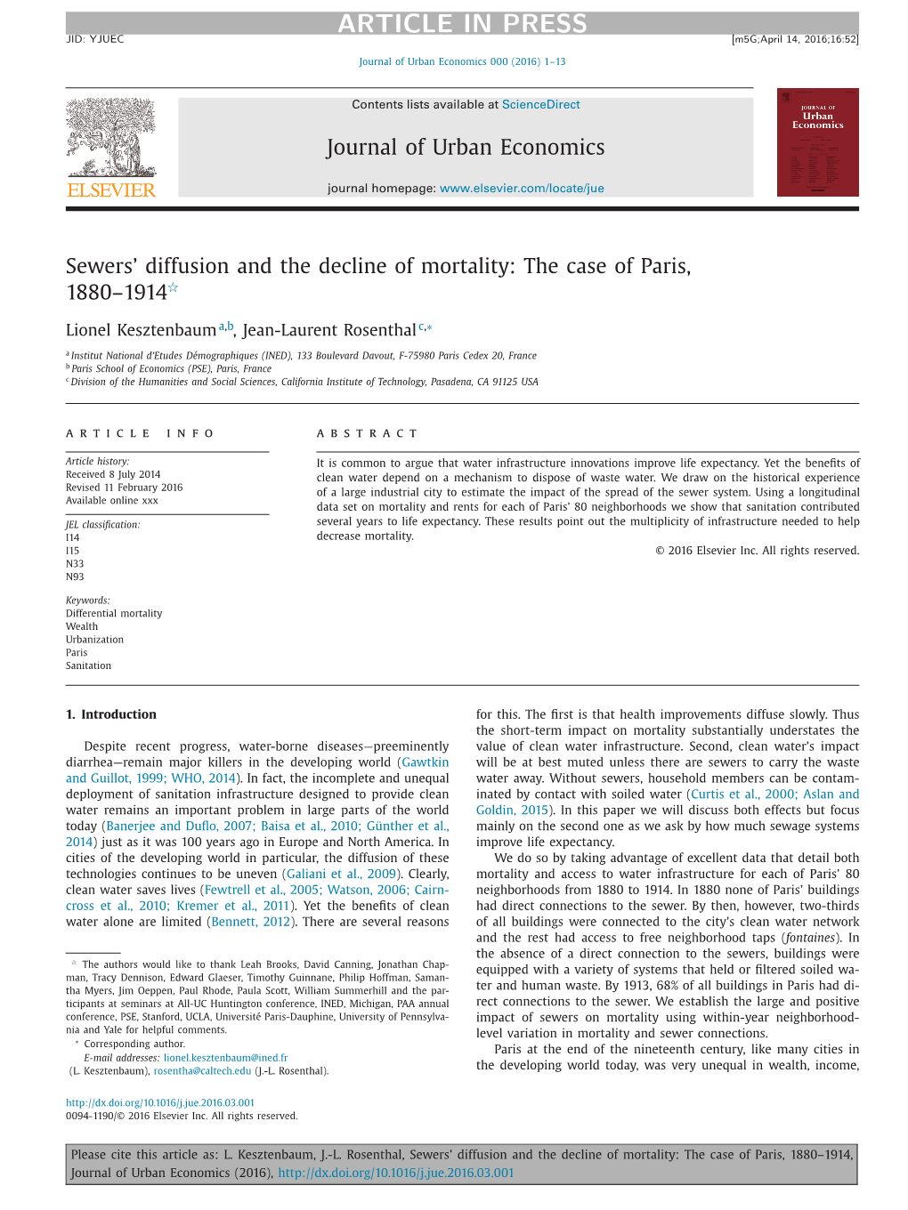 Sewers• Diffusion and the Decline of Mortality