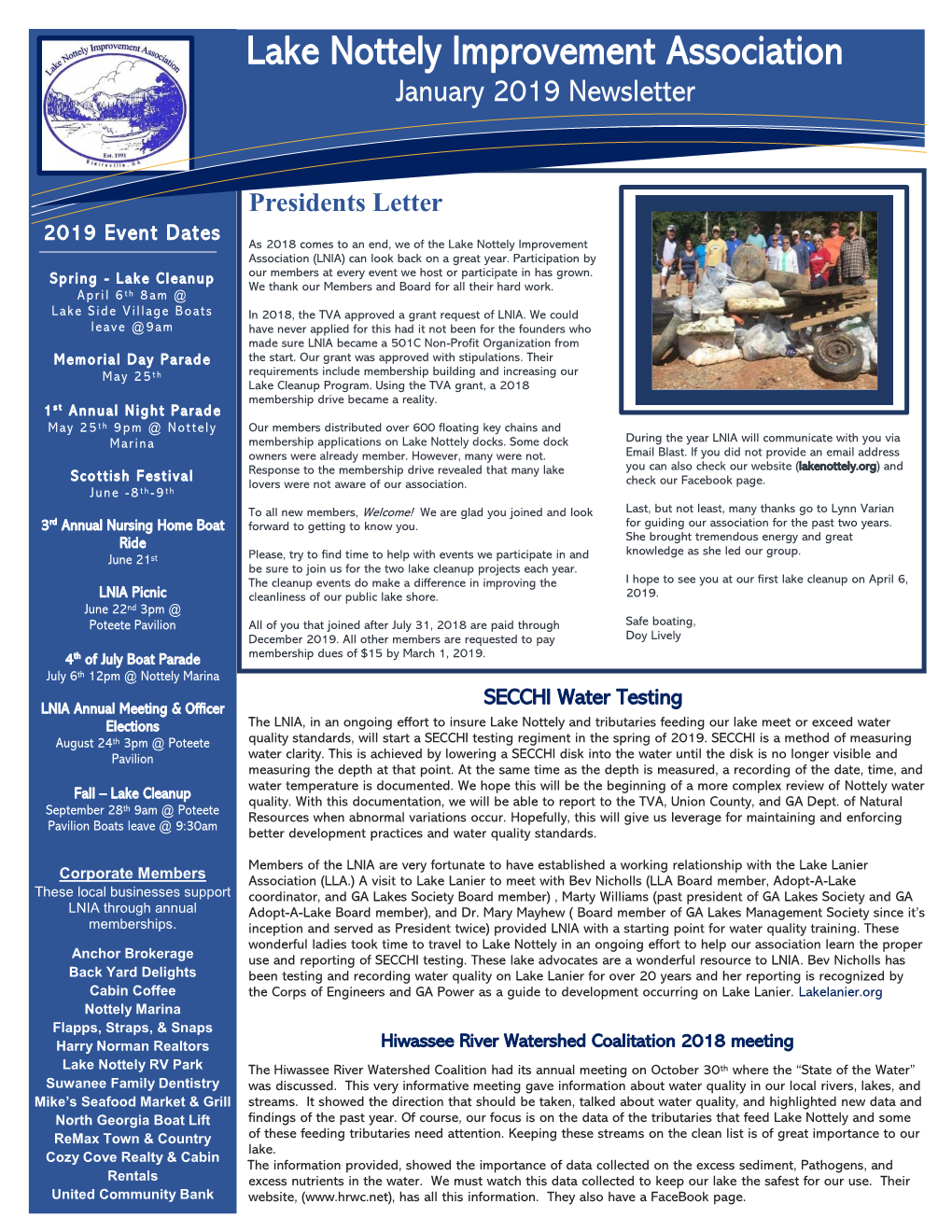 Lake Nottely Improvement Association Informationjanuary Technology 2019 Newsletter Solutions