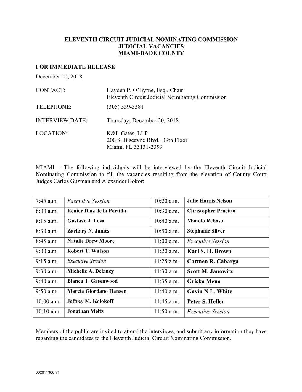 Eleventh Circuit Judicial Nominating Commission Judicial Vacancies Miami-Dade County
