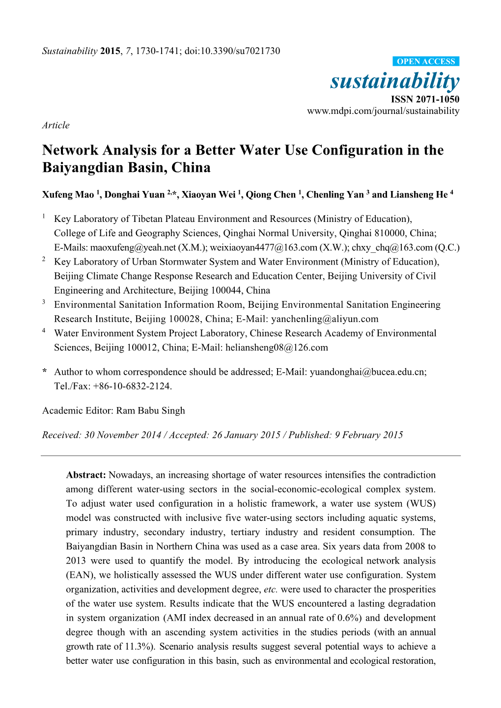 Network Analysis for a Better Water Use Configuration in the Baiyangdian Basin, China