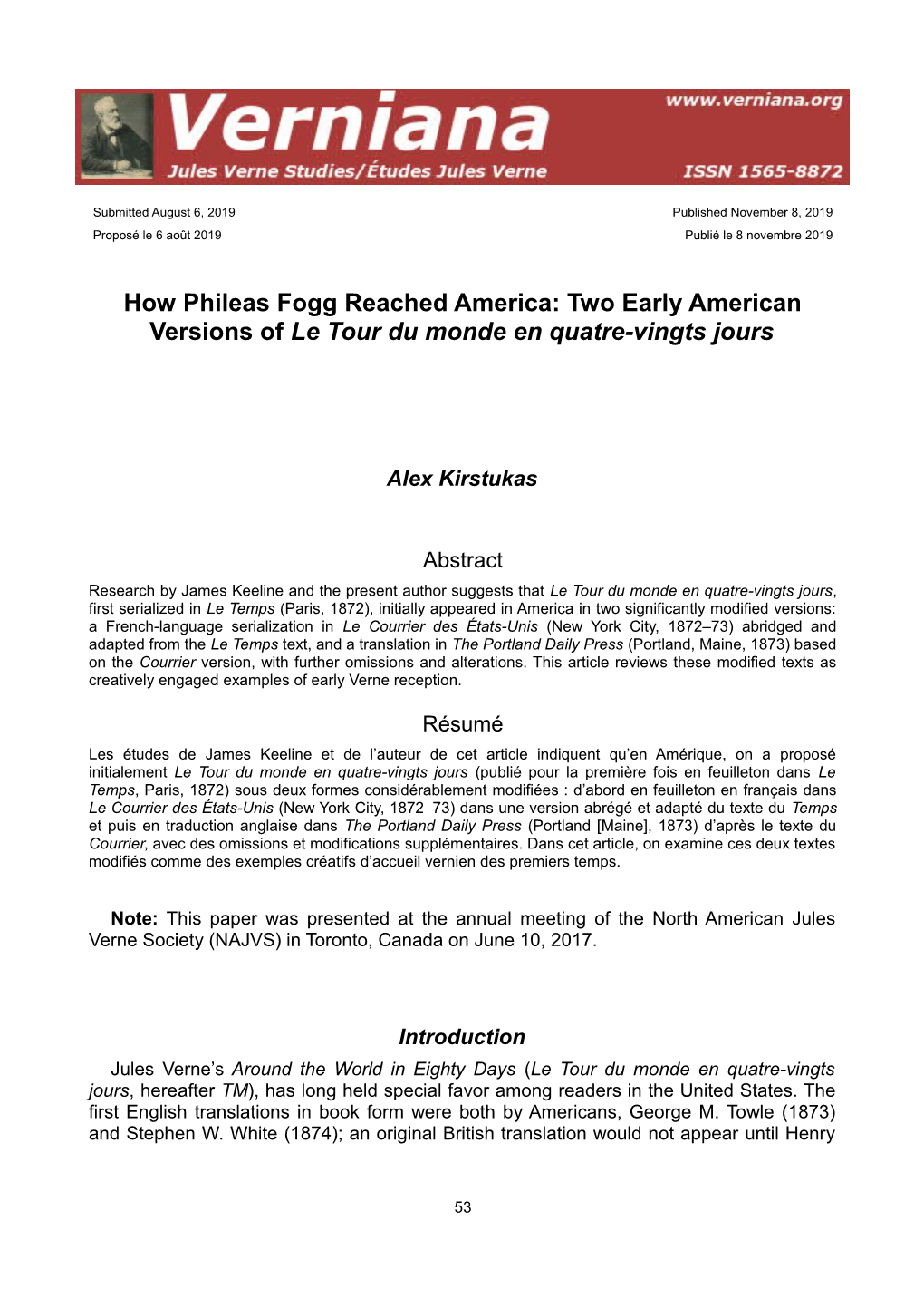 How Phileas Fogg Reached America: Two Early American Versions of Le Tour Du Monde En Quatre-Vingts Jours