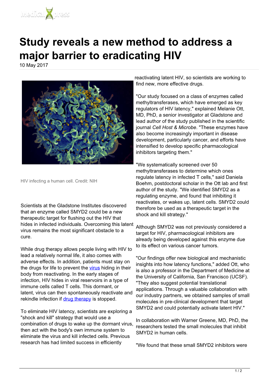 Study Reveals a New Method to Address a Major Barrier to Eradicating HIV 10 May 2017