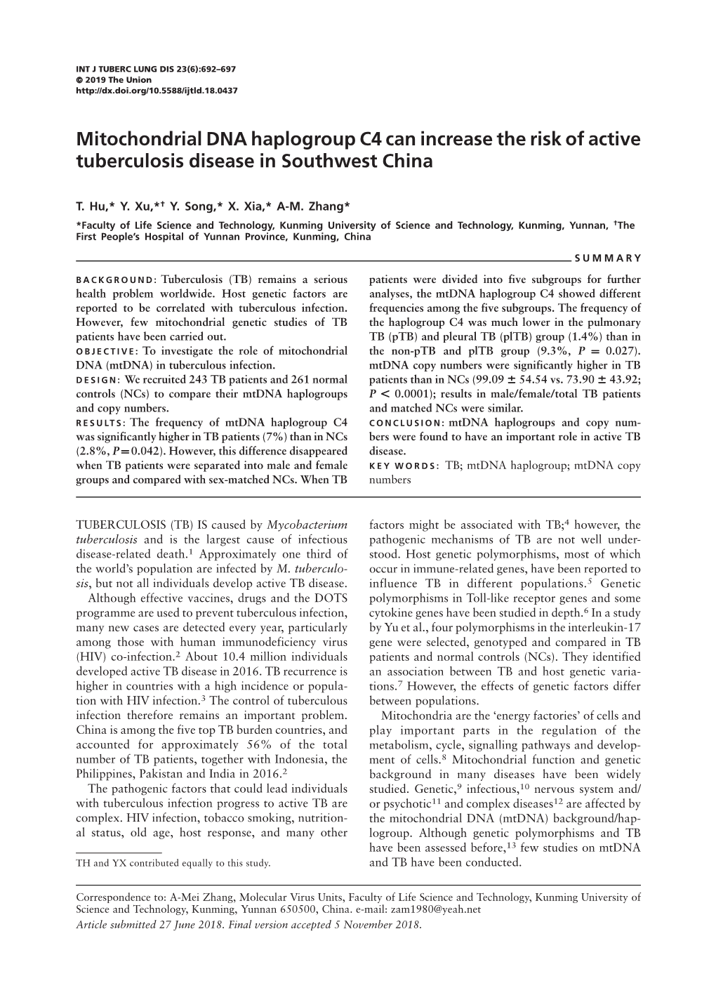 Mitochondrial DNA Haplogroup C4 Can Increase the Risk of Active Tuberculosis Disease in Southwest China