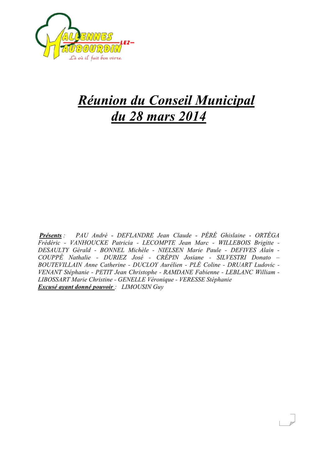 Réunion Du Conseil Municipal Du 28 Mars 2014