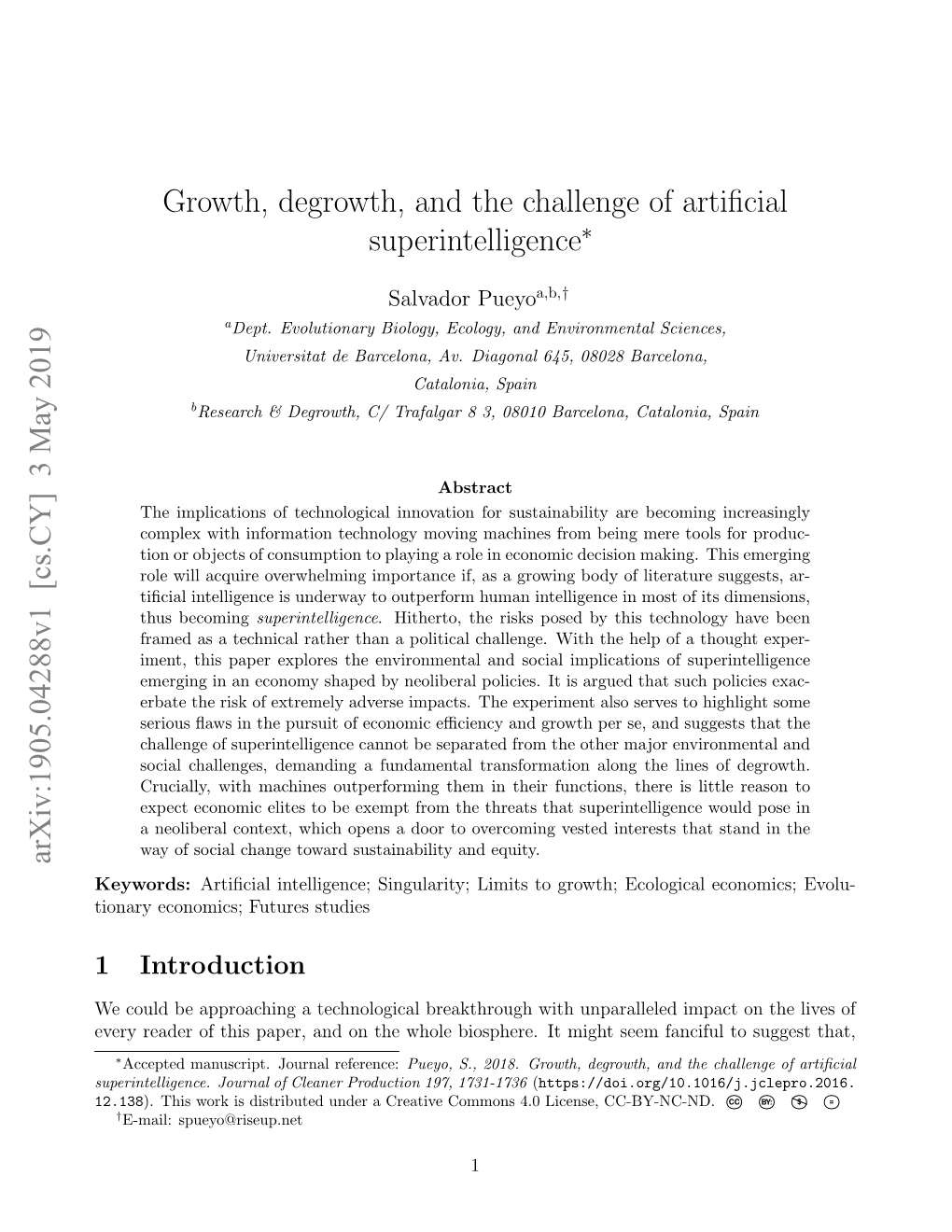 Growth, Degrowth, and the Challenge of Artificial Superintelligence Arxiv:1905.04288V1 [Cs.CY] 3 May 2019