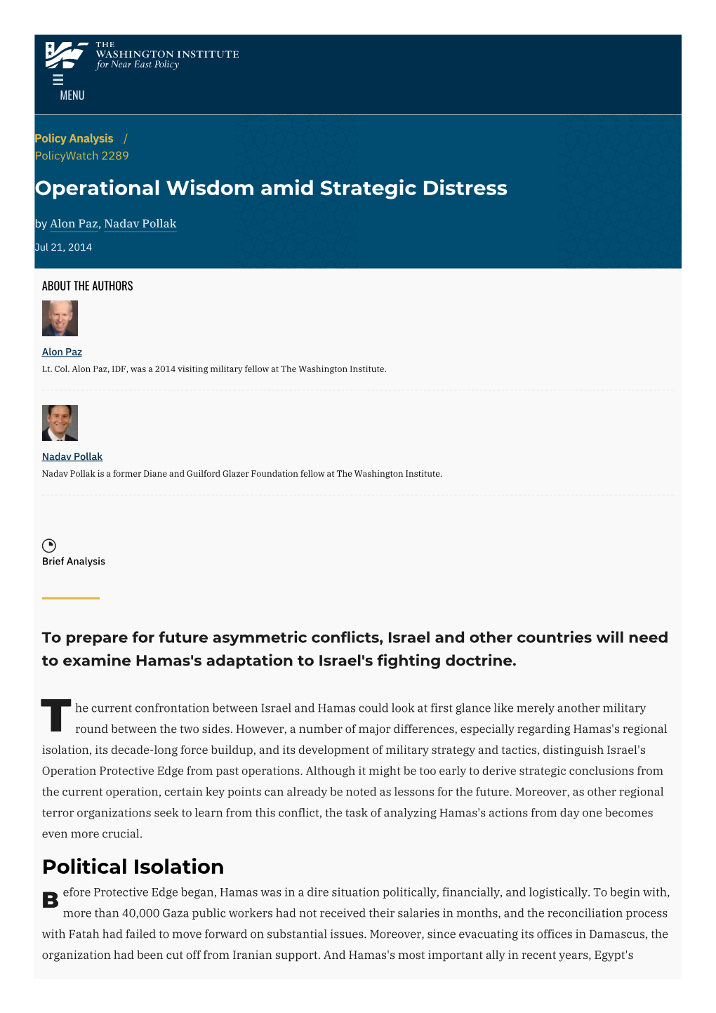 Operational Wisdom Amid Strategic Distress | the Washington Institute