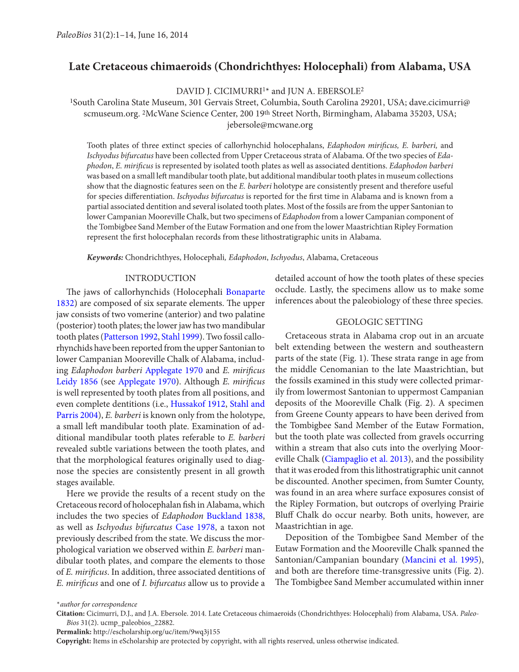 Late Cretaceous Chimaeroids (Chondrichthyes: Holocephali) from Alabama, USA