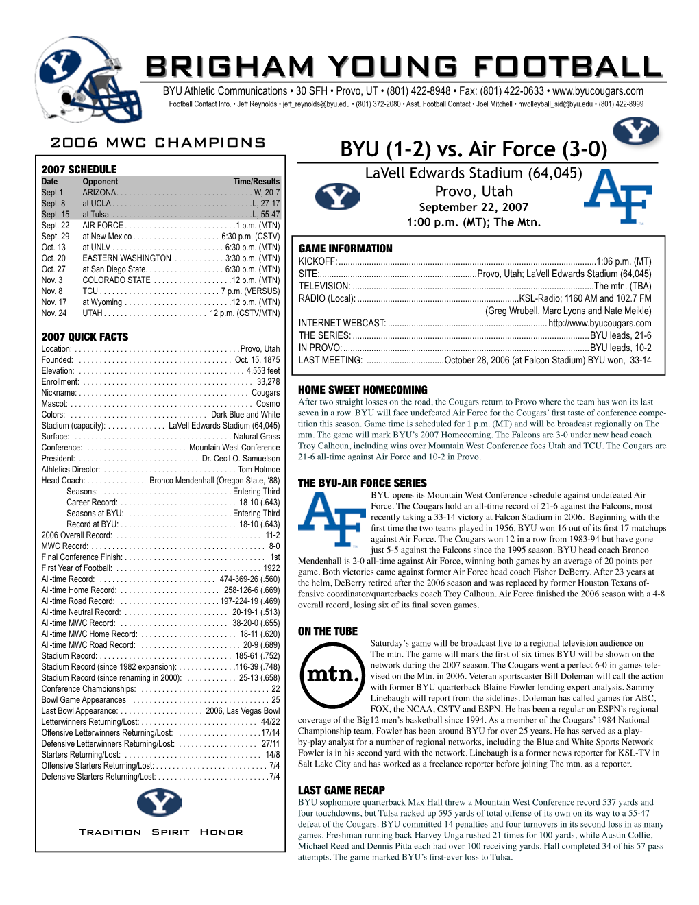 BRIGHAM YOUNG FOOTBALL BYU Athletic Communications • 30 SFH • Provo, UT • (801) 422-8948 • Fax: (801) 422-0633 • Football Contact Info