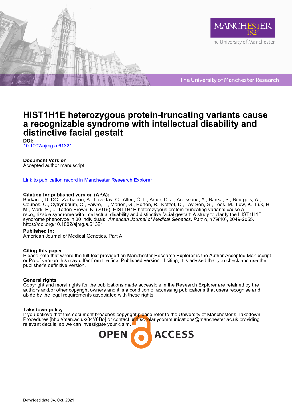 HIST1H1E Heterozygous Protein-Truncating Variants Cause a Recognizable Syndrome with Intellectual Disability and Distinctive Facial Gestalt DOI: 10.1002/Ajmg.A.61321