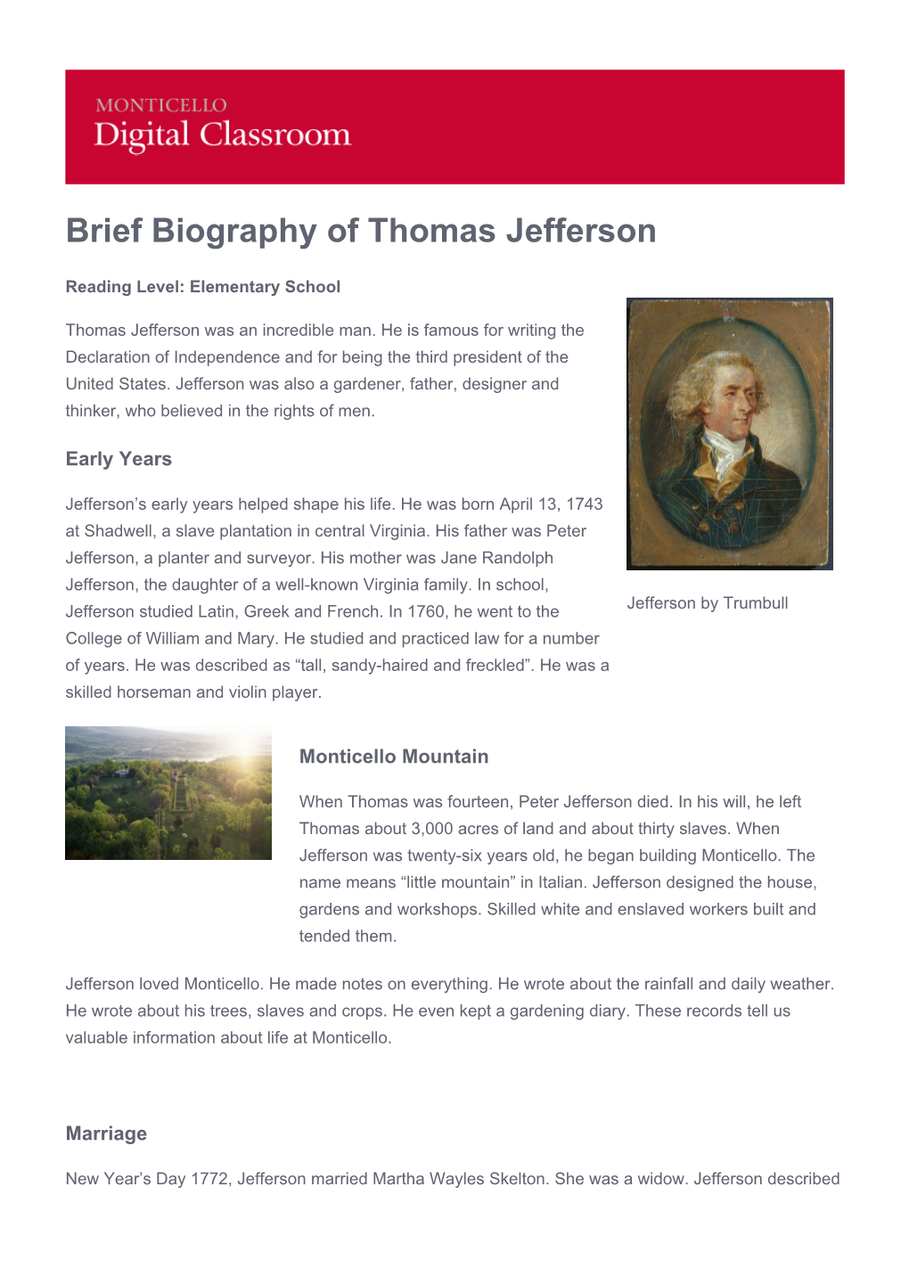 Brief Biography of Thomas Jefferson